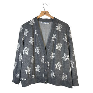 Vintage Diane Roberts Grey Cardigan White Rose Print Floral Buttons Women's XL